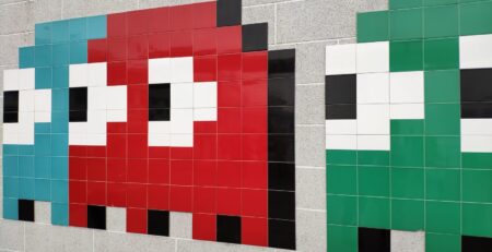 blue, red, and green Pac-Man wall painting