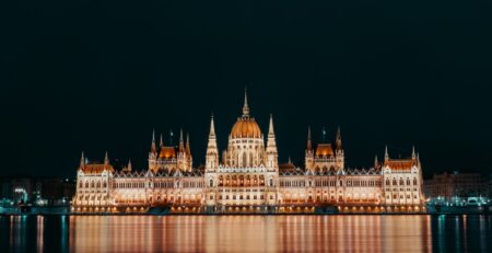 a large building that is lit up at night