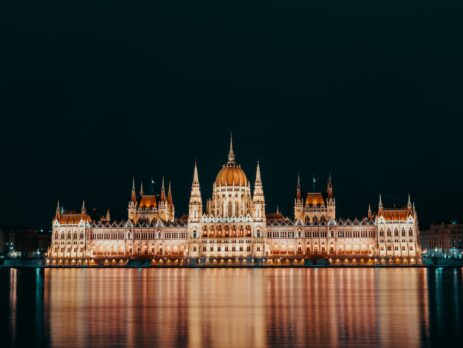 a large building that is lit up at night